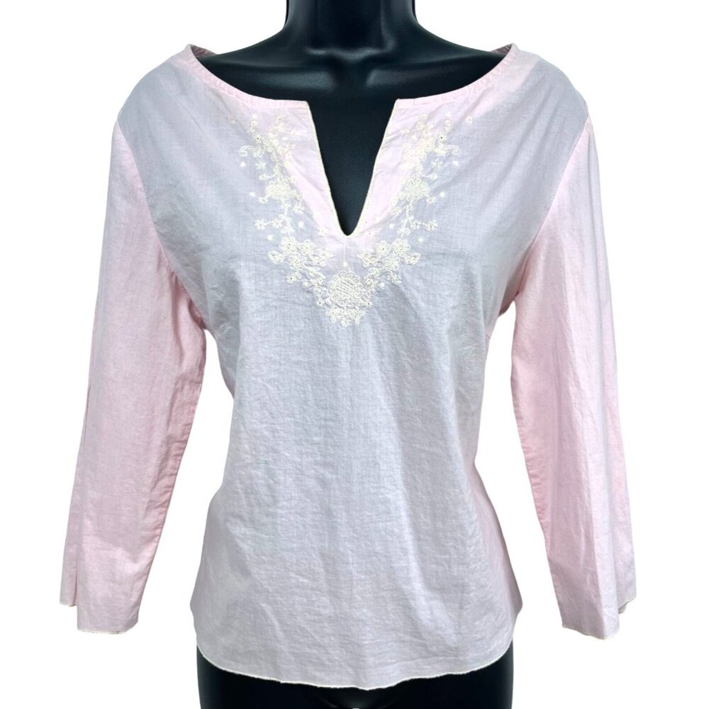 Linen Tunic, Embroidered light pink Cropped shirt, Large